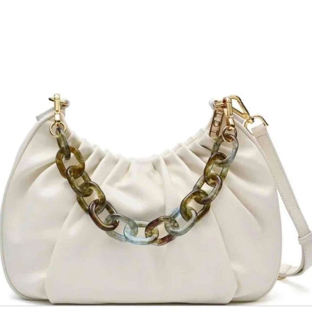 NWT LDT ZOE leather hobo large Elegant White Shoulder Bag with Chain Detail